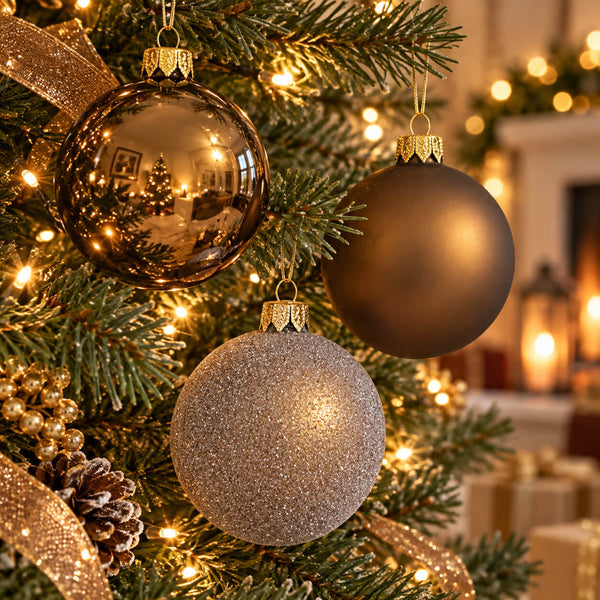 Bronze and champagne Migros Christmas ornaments displayed on a decorated Christmas tree