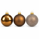 Three Christmas ball ornaments on a white background: one glossy bronze, one matte bronze, and one glittery silver.