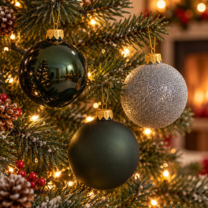 Three Christmas tree ornaments hanging on a decorated Christmas tree: a glossy black ornament reflecting the room, a matte black ornament, and a silver glitter ornament, all with gold caps.