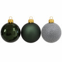 Migros green Christmas baubles set of 3 with glossy matte and silver glitter finishes