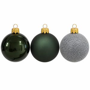 Migros green Christmas baubles set of 3 with glossy matte and silver glitter finishes