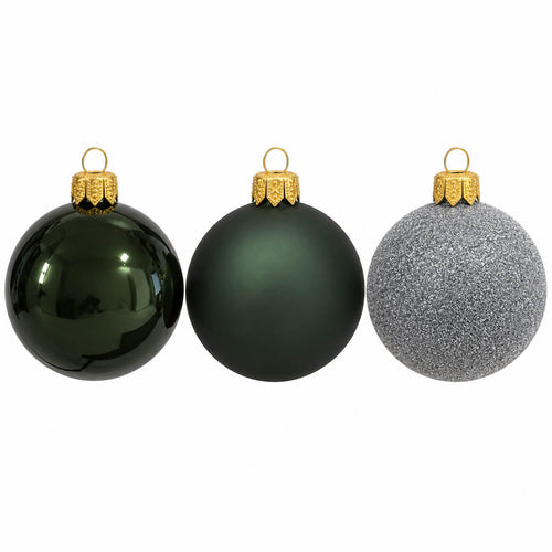 Migros green Christmas baubles set of 3 with glossy matte and silver glitter finishes