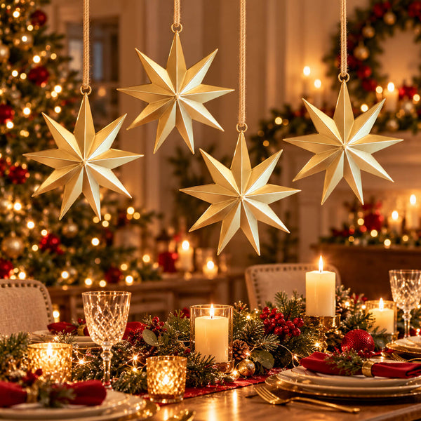 Four hanging gold paper star ornaments displayed over a decorated Christmas dinner table with candles, plates, and a blurred Christmas tree in the background.
