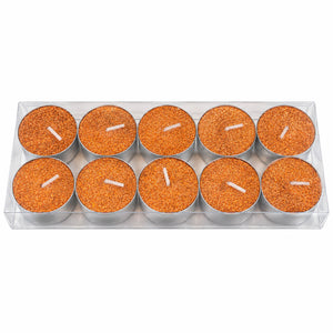 A set of ten small tea light candles in a clear plastic tray, arranged in two rows of five. Each candle has a textured orange-brown wax top with a white wick, set in silver metal cups on a plain white background.