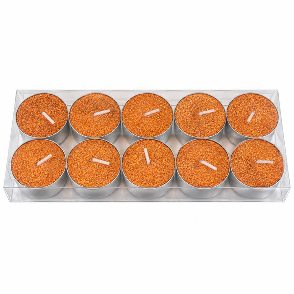 A set of ten small tea light candles in a clear plastic tray, arranged in two rows of five. Each candle has a textured orange-brown wax top with a white wick, set in silver metal cups on a plain white background.