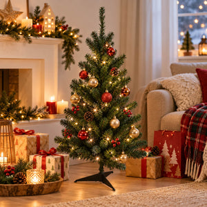 A decorated Christmas tree stands in a cozy living room beside a fireplace and sofa, with wrapped gift boxes and holiday decor around it.