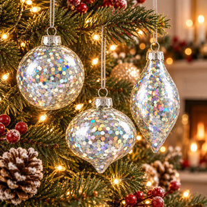 Three silver holographic Christmas ornaments hanging on a decorated Christmas tree with warm lights and pinecones.