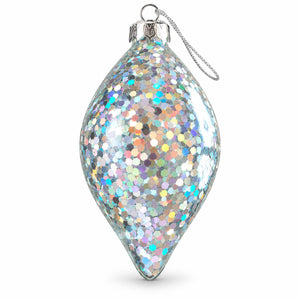 A teardrop-shaped glass Christmas ornament filled with dense iridescent glitter, featuring a silver metal cap and hanging loop on a white background.
