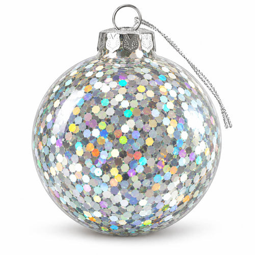 A clear glass Christmas ornament ball covered in dense iridescent silver glitter, with a silver hanging loop and string, shown on a white background.