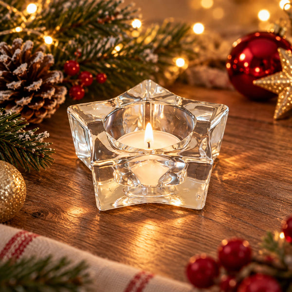 A clear glass star-shaped candle holder with a lit white tea light candle, placed on a wooden table with warm holiday lights, pine branches, red berries, and ornaments in the background.