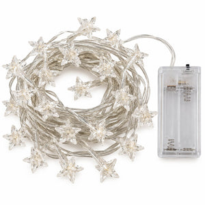 Star-shaped fairy string lights with a clear plastic battery box, shown coiled on a white background.