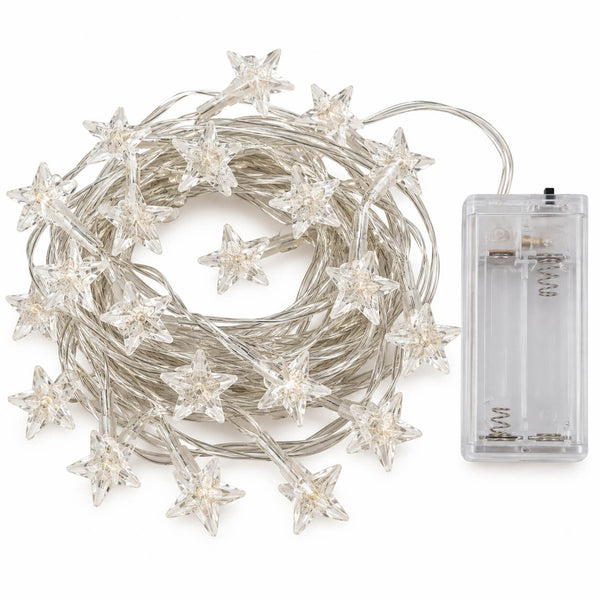 Star-shaped fairy string lights with a clear plastic battery box, shown coiled on a white background.