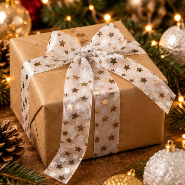 A square gift box wrapped in brown kraft paper and tied with a wide white ribbon printed with metallic gold and silver stars, set against a festive Christmas background with lights, ornaments, and pine branches.