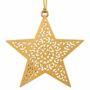 A gold star-shaped hanging ornament with intricate laser-cut filigree patterns, suspended by a gold string against a plain white background.