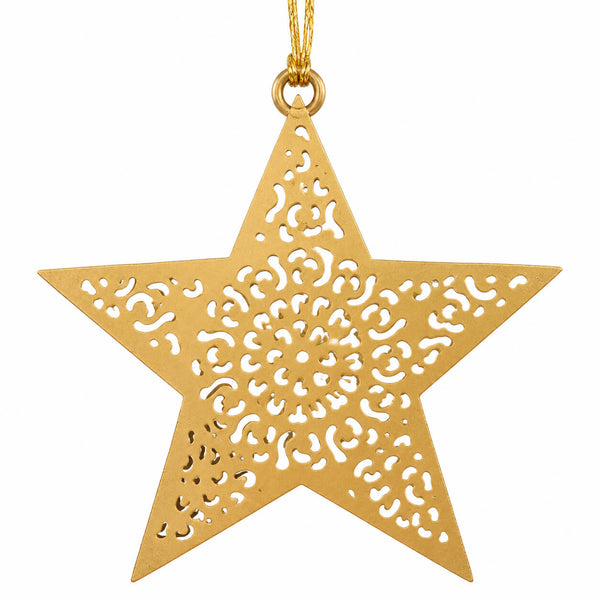 A gold star-shaped hanging ornament with intricate laser-cut filigree patterns, suspended by a gold string against a plain white background.