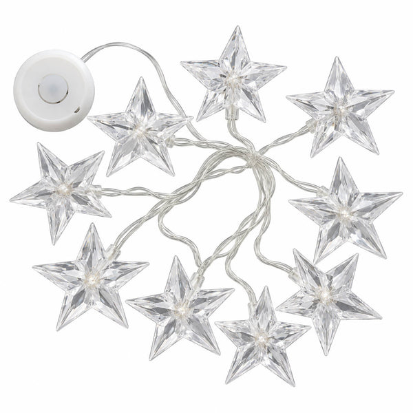 Clear acrylic star-shaped string lights with a white power adapter, shown on a plain white background.