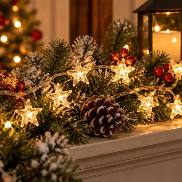Warm white star-shaped string lights woven through a green pine garland with faux snow, red berries, and a pinecone, displayed on a mantel in a cozy holiday setting.