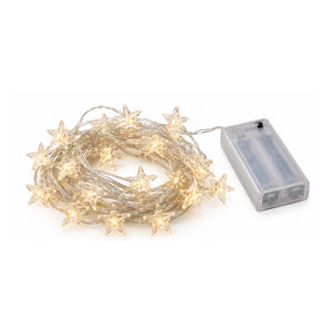 Warm white LED star fairy string lights coiled on a white background, shown with a small clear plastic battery pack.