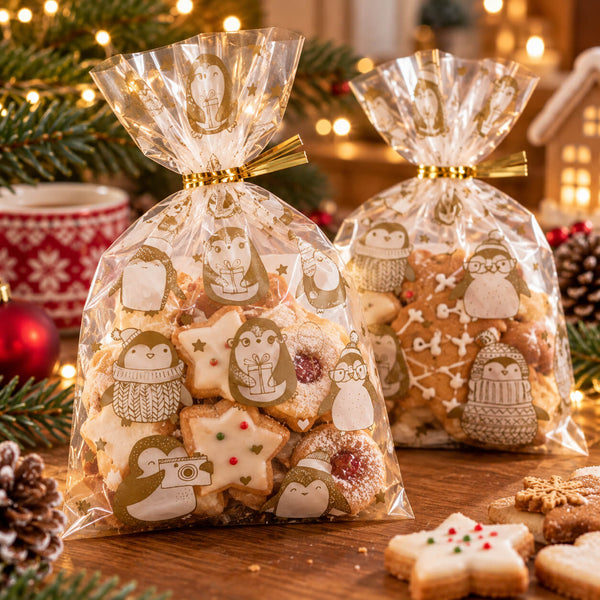 Two clear cellophane gift bags filled with assorted holiday cookies, tied with gold ribbon, displayed on a wooden table with Christmas decorations in the background.