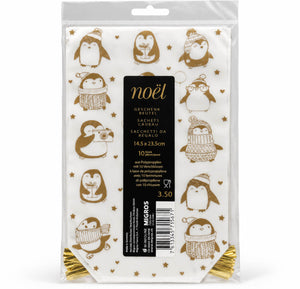 A package of 10 white polypropylene Christmas penguin tassels with gold foil prints, shown in its clear plastic packaging with a black central label.