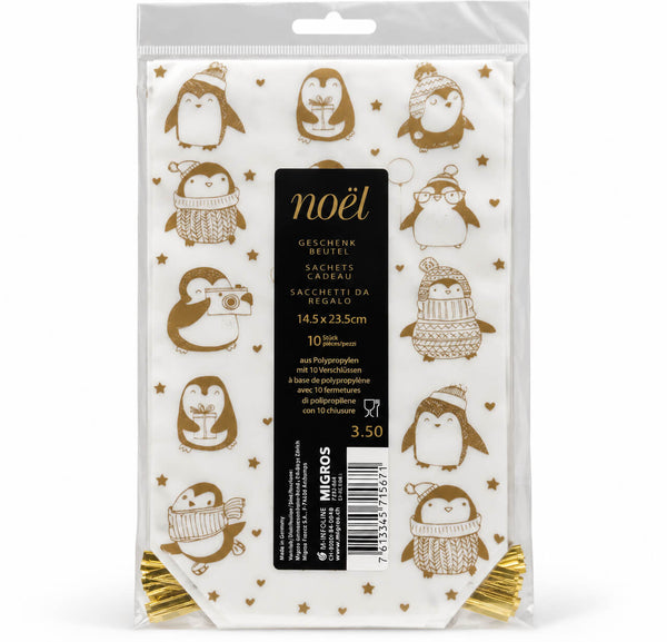 A package of 10 white polypropylene Christmas penguin tassels with gold foil prints, shown in its clear plastic packaging with a black central label.