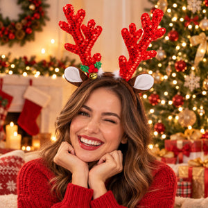 A smiling woman wearing red sequined reindeer antlers with white ears and a small gold bell, posed in a cozy holiday living room with a decorated Christmas tree and stockings in the background.