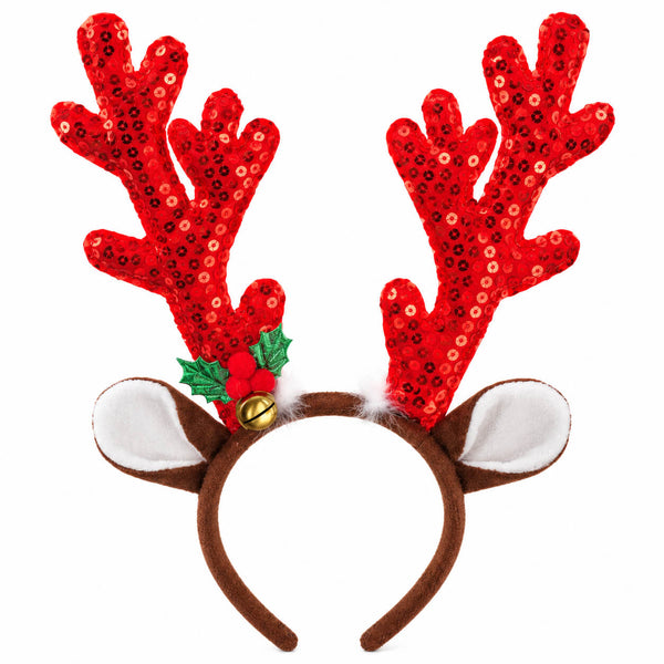 A festive Christmas reindeer antler headband featuring red sequined antlers, brown felt ears and headband, white inner ears, and a small holly and bell accent.