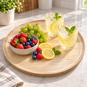 A round light wood serving tray styled with a bowl of fresh berries, green grapes, lemon slices, and two glasses of iced lemonade on a marble countertop.