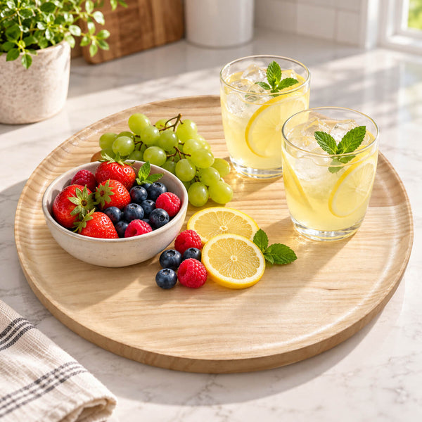 A round light wood serving tray styled with a bowl of fresh berries, green grapes, lemon slices, and two glasses of iced lemonade on a marble countertop.