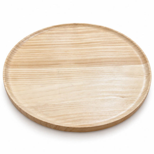 A round light wood serving tray with a smooth, polished surface and visible natural grain patterns, shown on a clean white background.
