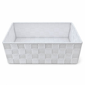 A rectangular woven storage basket with a textured basketweave pattern, shown from a front angle on a solid white background.