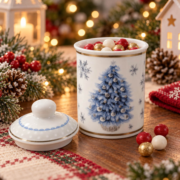A white ceramic Christmas-themed jar with a matching lid, decorated with a blue Christmas tree and snowflakes, filled with red and gold ornaments. The scene is styled on a wooden table with festive decorations including pinecones, evergreen branches, and warm bokeh lights in the background.
