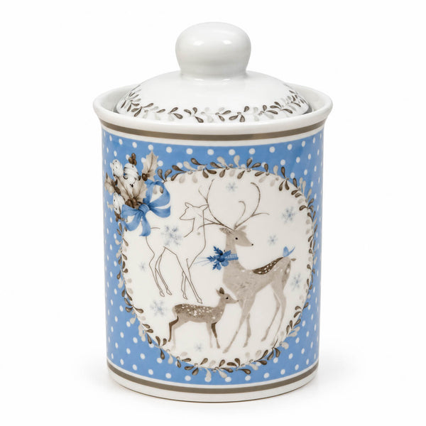 A white ceramic lidded jar with a blue and white winter-themed deer illustration on the front, set against a plain white background.