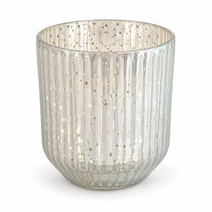 A ribbed glass candle holder with a metallic silver finish and small reflective speckles, shown on a clean white background.