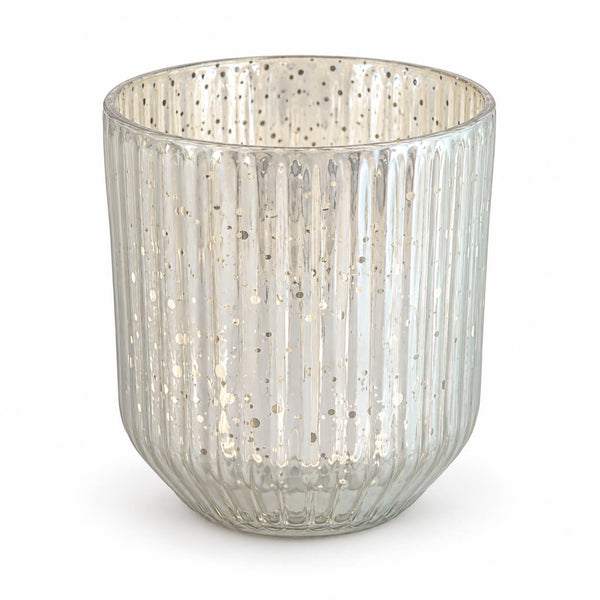 A ribbed glass candle holder with a metallic silver finish and small reflective speckles, shown on a clean white background.
