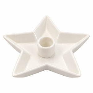 A white ceramic five-pointed star candle holder with a central cylindrical candle socket, shown on a solid white background.