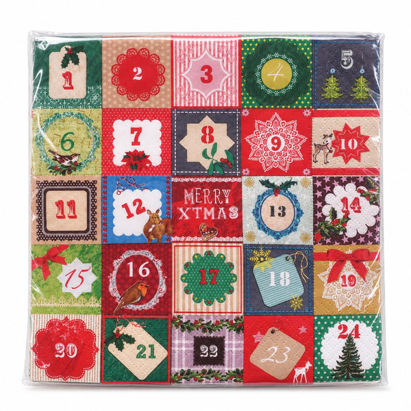 A 24-piece Christmas advent calendar made of colorful patchwork fabric squares, sealed in clear plastic packaging. Each square features a different festive design with a numbered hole-card area, including holiday motifs like Christmas trees, holly, birds, and 'Merry Xmas'.