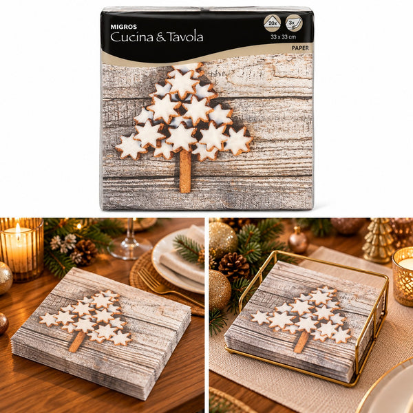 Three-panel product presentation of a boxed paper napkin set. The top panel shows the front of the package labeled 'MIGROS Cucina & Tavola' with a printed holiday tree design on a rustic wood background.