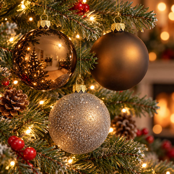 Bronze and champagne Migros Christmas ornaments displayed on a decorated Christmas tree
