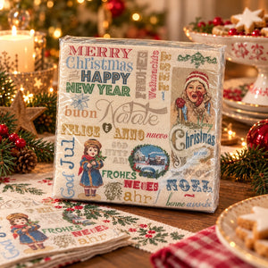 intage multilingual Christmas paper napkins styled on festive dining table