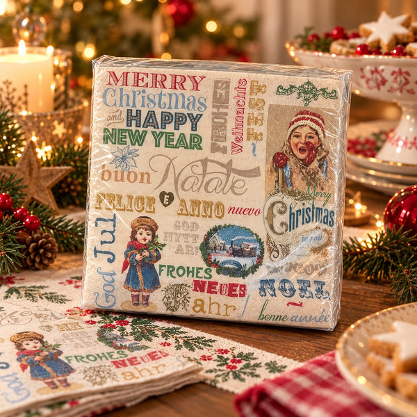intage multilingual Christmas paper napkins styled on festive dining table