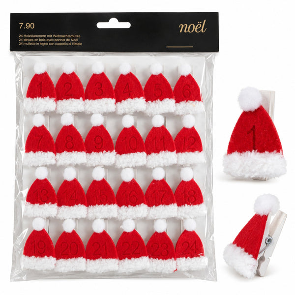 ed and white Santa hat Advent clips with wooden clothespins