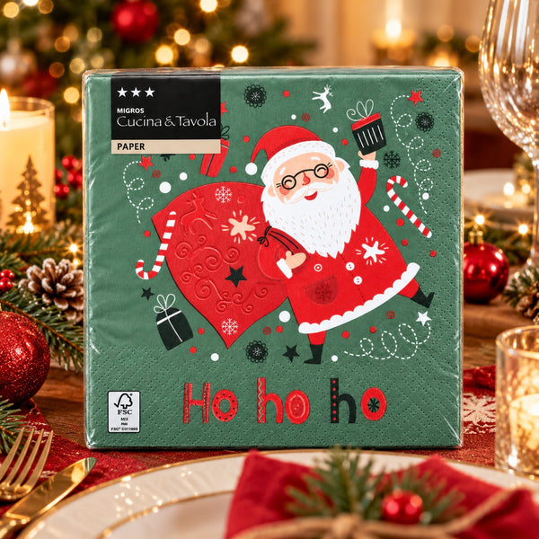 A square green paper napkin featuring a festive Christmas design with Santa Claus, a large red sack, candy canes, gifts, and the words 'Ho ho ho', photographed on a decorated holiday table with candles and ornaments in the background.