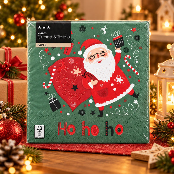 A pack of Miesos Cucina e Tavola paper napkins featuring a festive Christmas design with Santa Claus, a large red heart, candy canes, and 'Ho ho ho' text, displayed on a wooden table surrounded by holiday decorations and warm lights.