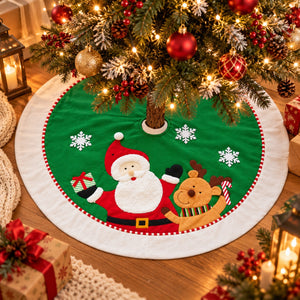 A round Christmas tree skirt with a green center featuring Santa Claus and a teddy bear, surrounded by a white border with red trim, displayed under a decorated Christmas tree on a wooden floor.