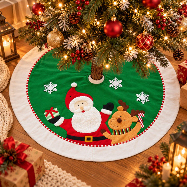 A round Christmas tree skirt with a green center featuring Santa Claus and a teddy bear, surrounded by a white border with red trim, displayed under a decorated Christmas tree on a wooden floor.