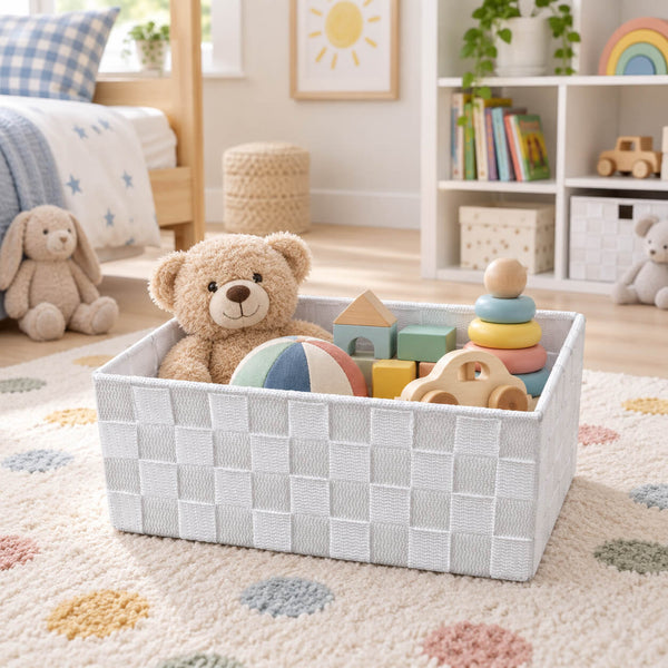 A white woven fabric storage basket filled with toys, including a teddy bear, stacking blocks, and a ball, placed on a patterned rug in a bright children's bedroom.