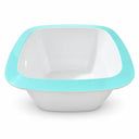 A square white bowl with a bright turquoise rim, shown from a direct overhead angle on a clean white background.