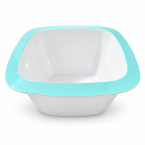 A square white bowl with a bright turquoise rim, shown from a direct overhead angle on a clean white background.