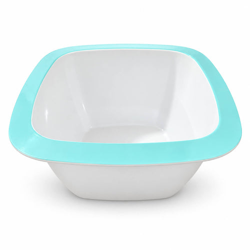 A square white bowl with a bright turquoise rim, shown from a direct overhead angle on a clean white background.